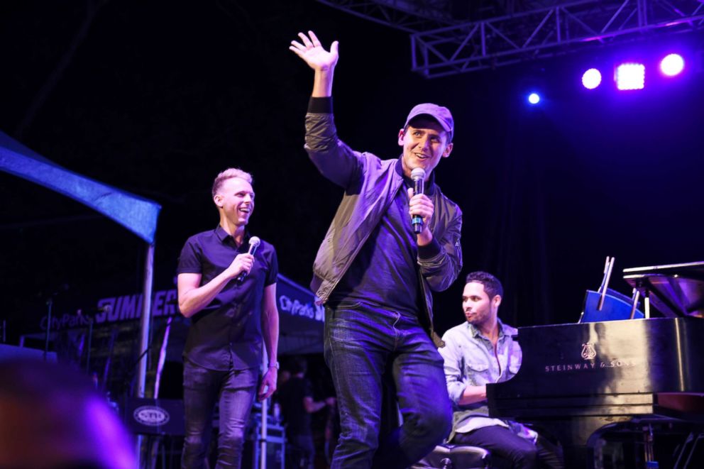 PHOTO: Justin Paul and Benj Pasek speak during the 4th Annual Elsie Fest, Broadway's Outdoor Music Festival, on Oct. 7, 2018, in New York City.