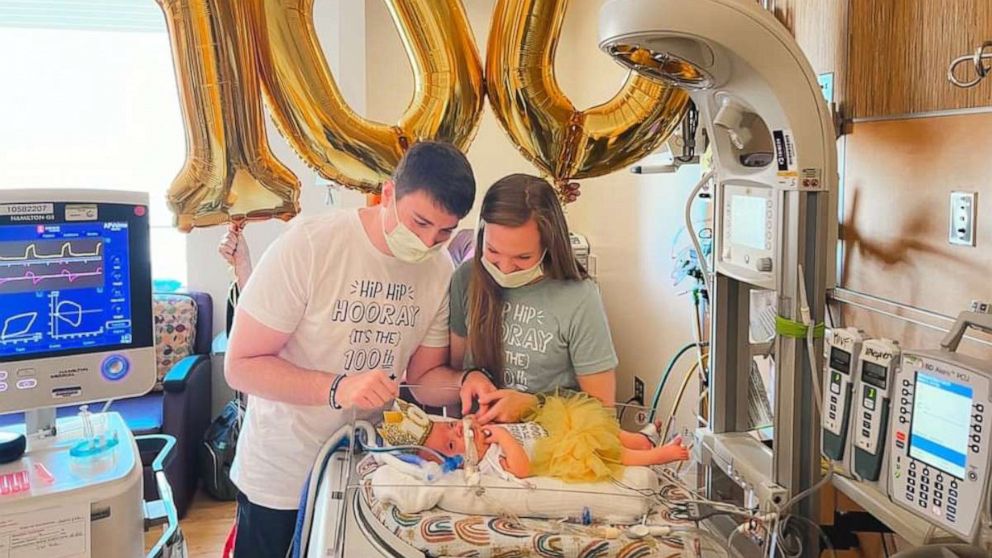 PHOTO: Lindsay and Tyler Staup, held a 100th day celebration for their daughter, Everly, at the neonatal intensive care unit at Riley Hospital for Children at IU Health in Indianapolis.