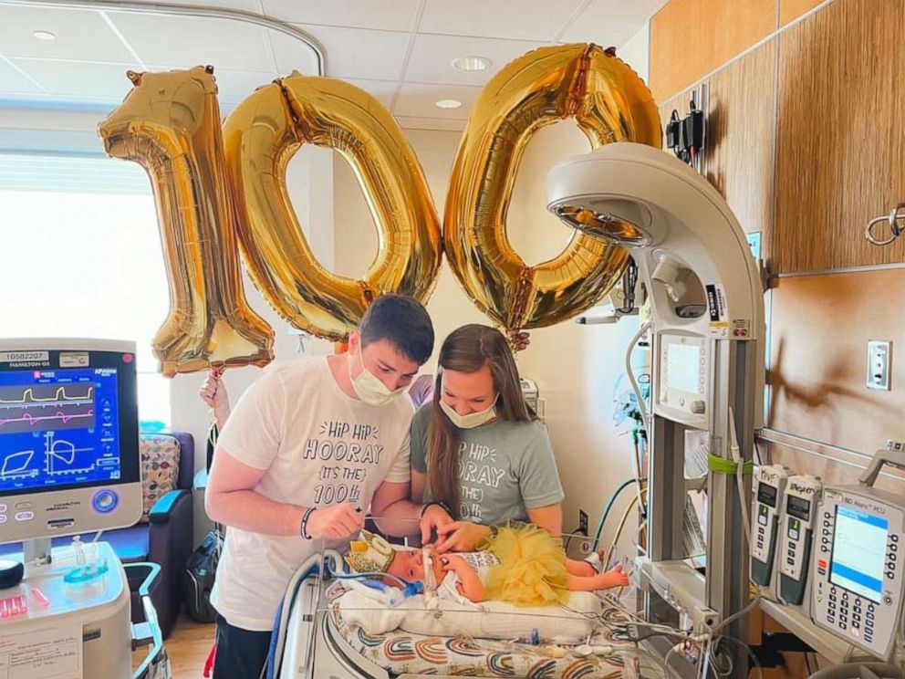 PHOTO: Lindsay and Tyler Staup, held a 100th day celebration for their daughter, Everly, at the neonatal intensive care unit at Riley Hospital for Children at IU Health in Indianapolis.