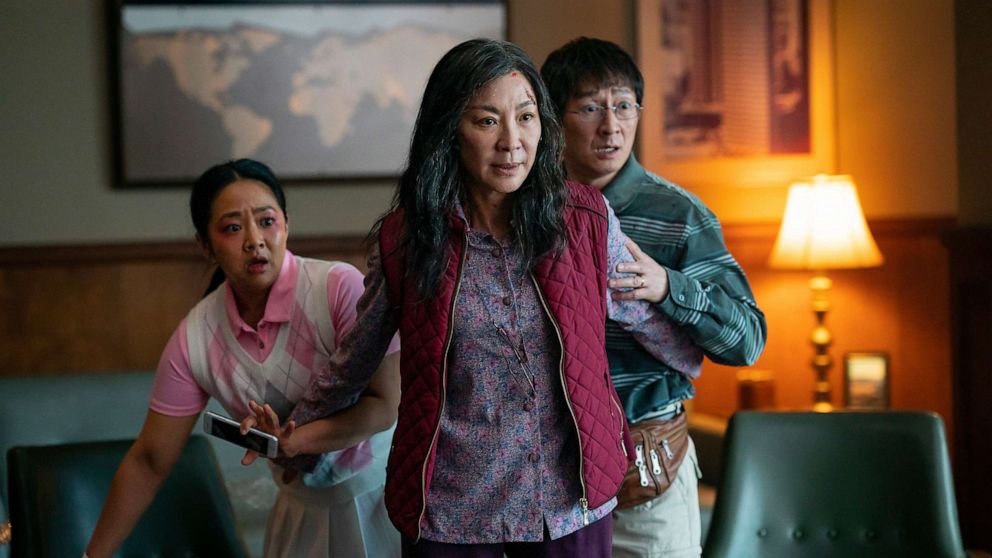 PHOTO: Stephanie Hsu, Michelle Yeoh and Ke Huy Quan in a scene from, "Everything Everywhere All At Once."