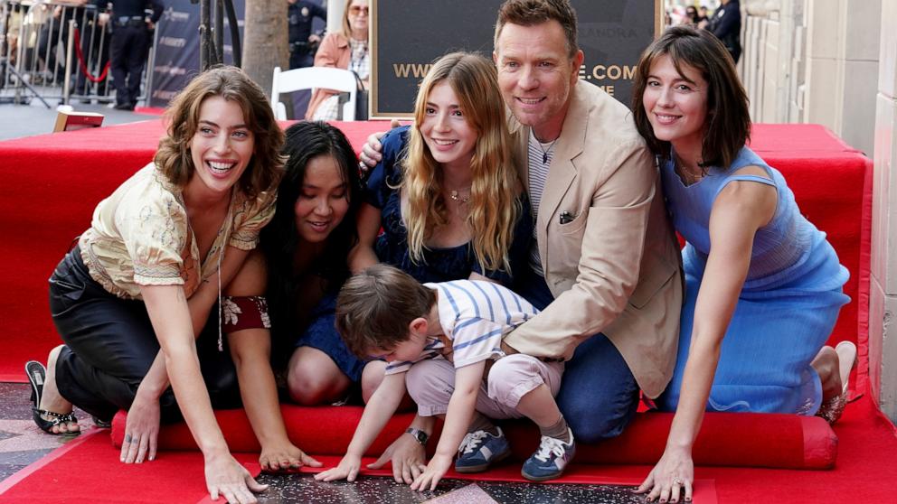 PHOTO: Clara McGregor, from left, Jamyan McGregor, Anouk McGregor, Laurie McGregor, Ewan McGregor, and Mary Elizabeth Winstead attend a ceremony honoring Ewan McGregor with a star on the Hollywood Walk of Fame on Sept. 12, 2024, in Los Angeles. 