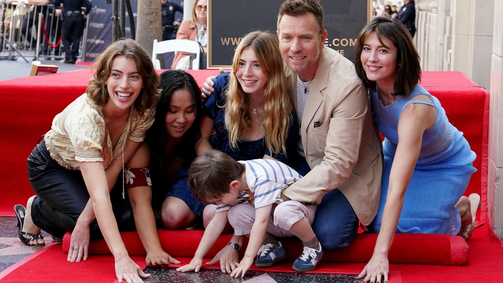 PHOTO: Clara McGregor, from left, Jamyan McGregor, Anouk McGregor, Laurie McGregor, Ewan McGregor, and Mary Elizabeth Winstead attend a ceremony honoring Ewan McGregor with a star on the Hollywood Walk of Fame on Sept. 12, 2024, in Los Angeles.