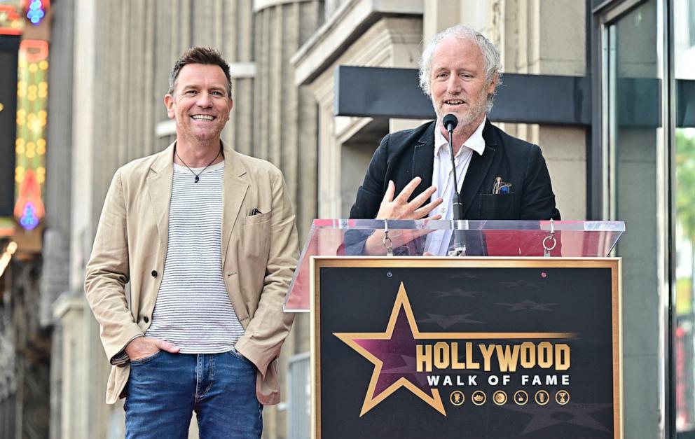 PHOTO: Scottish actor Ewan McGregor reacts as filmmaker Mike Mills addresses the audience at McGregor's Hollywood Walk of Fame Star ceremony on Sept. 12, 2024 in Hollywood, Calif.