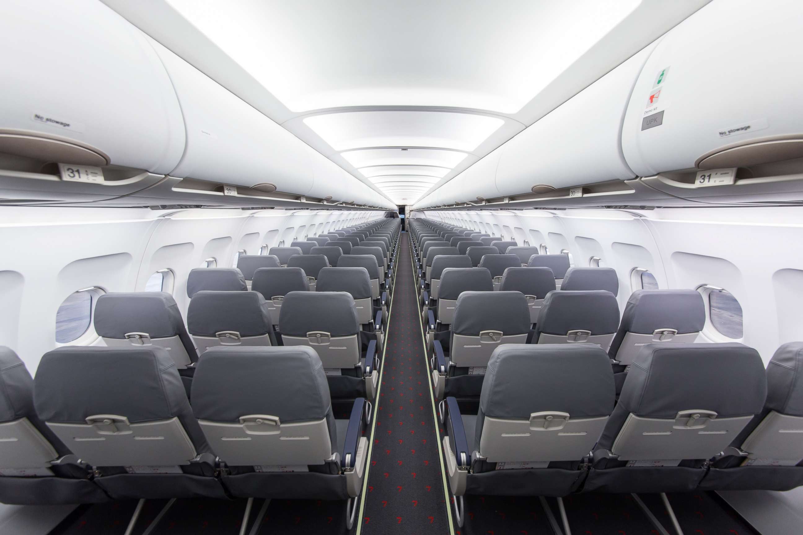 PHOTO: Rows of seats in the interior of commercial passenger airplane Airbus A320 are seen in an undated stock image.