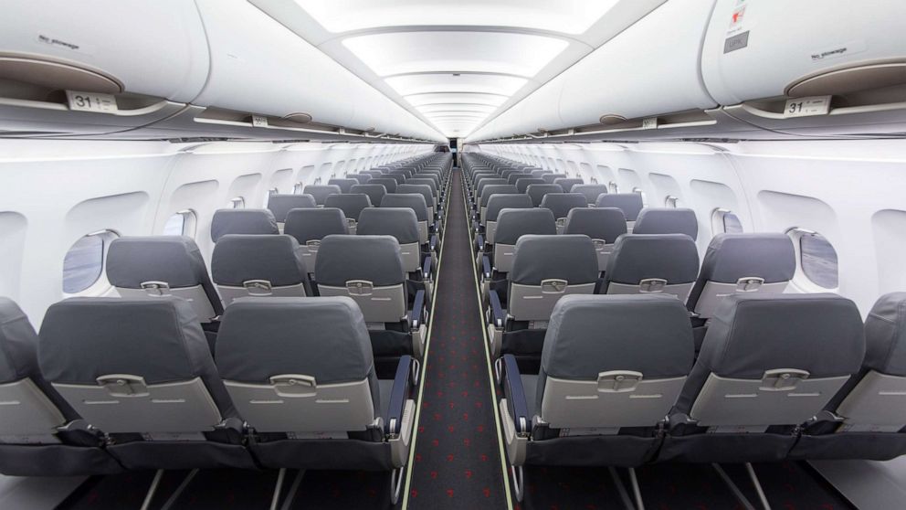 PHOTO: Rows of seats in the interior of commercial passenger airplane Airbus A320 are seen in an undated stock image.