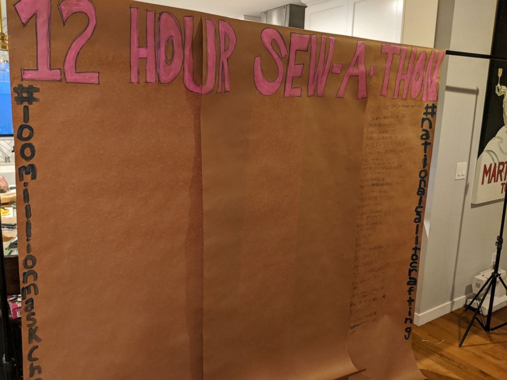 PHOTO: A sign that Hillary Cohen put up during her 12-hour sew-a-thon to keep track of fellow sewers participating online.