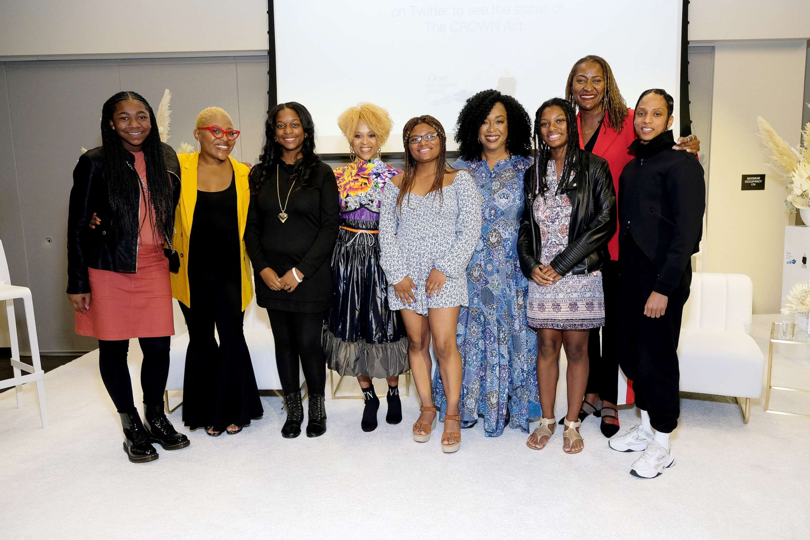 PHOTO: Faith Fennidy Tyrelle Davis, Esi Eggleston Bracey, Deanna Cook, Shonda Rhimes, Mya Cook, Senator Holly Mitchell, and Janaya "Future" Khan attend The Dove Self-Esteem Project in Downey, Calif., Oct. 2, 2021.  