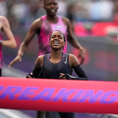 PHOTO: Faith Kipyegon, from Kenya, approaches the finish line in her attempt to become the first woman to run a mile in under four minutes, at Stade Charlety in Paris, June 26, 2025. 