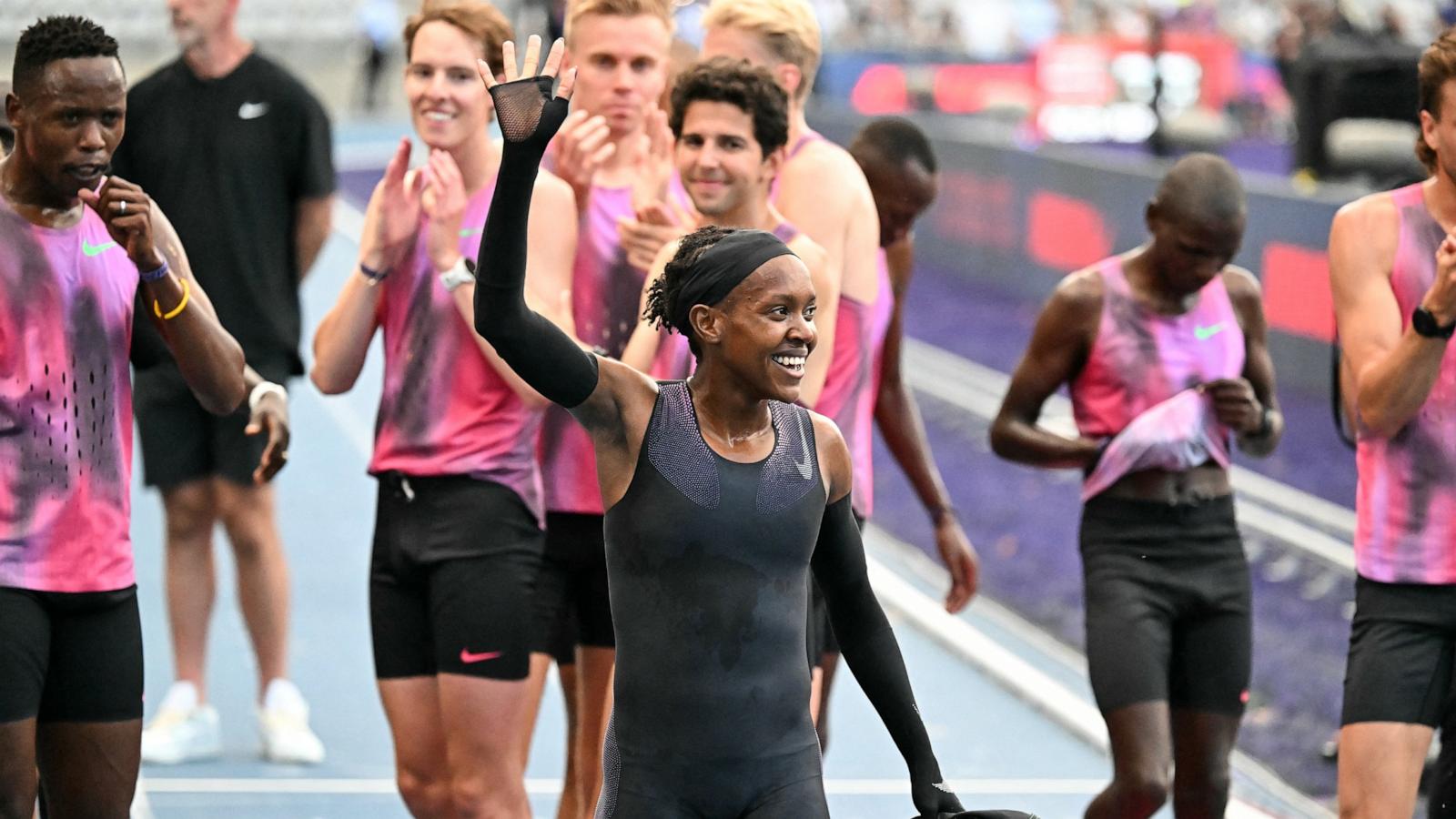 PHOTO: Kenya's Faith Kipyegon reacts at the end of her race after taking part in the "Breaking4" event, in an attempt to become the first woman to run a mile in under four minutes, at Stade Charlety, on June 26, 2025, in Paris.