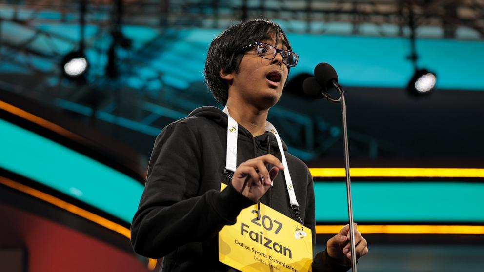PHOTO: Faizan Zaki, 13, of Dallas, Texas spells his word in the finals of the 2025 Scripps National Spelling Bee at the Gaylord National Resort and Convention Center on May 29, 2025 in National Harbor, Maryland.