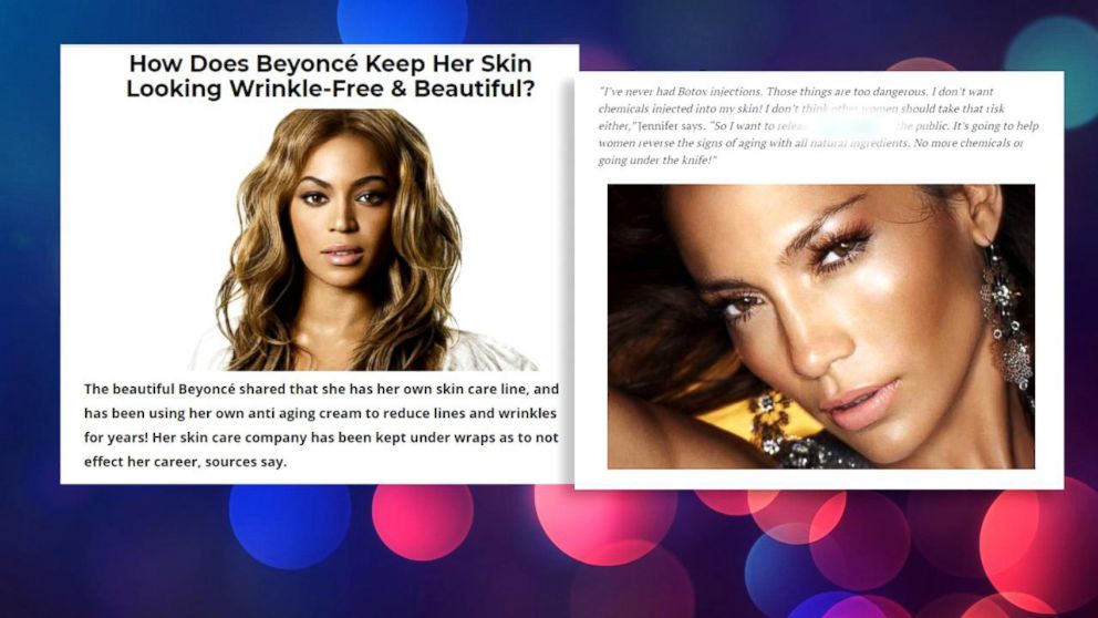 PHOTO: The images of superstars Beyonce and Jennifer Lopez were used in these fake celebrity endorsement ads for skincare companies.