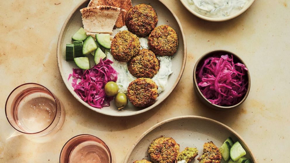 PHOTO: Homemade falafel bowls with pickled red onion and tzatziki.