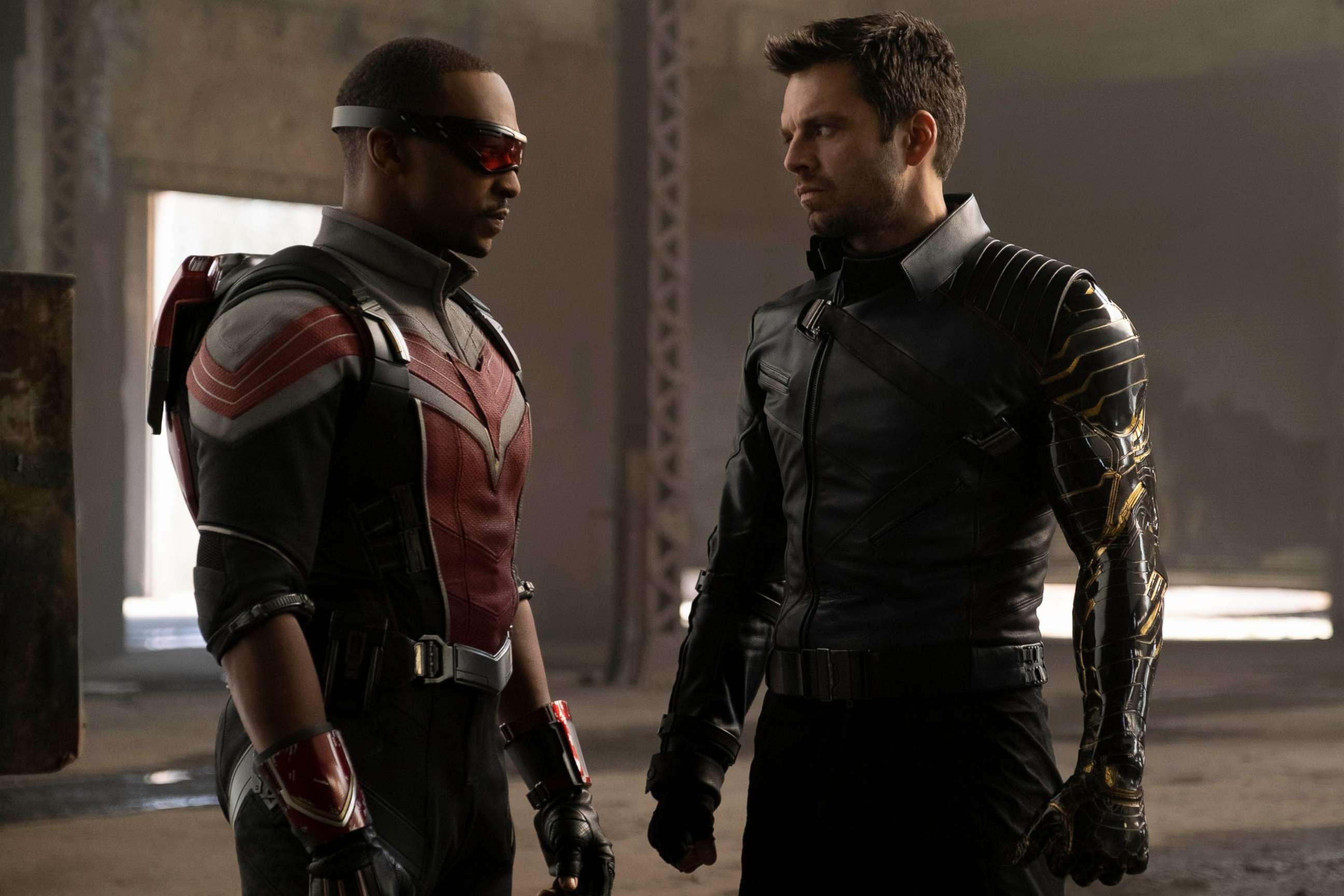 PHOTO: This image released by Disney Plus shows Anthony Mackie, left, and Sebastian Stan in a scene from "The Falcon and the Winter Soldier," streaming March 19, 2021.