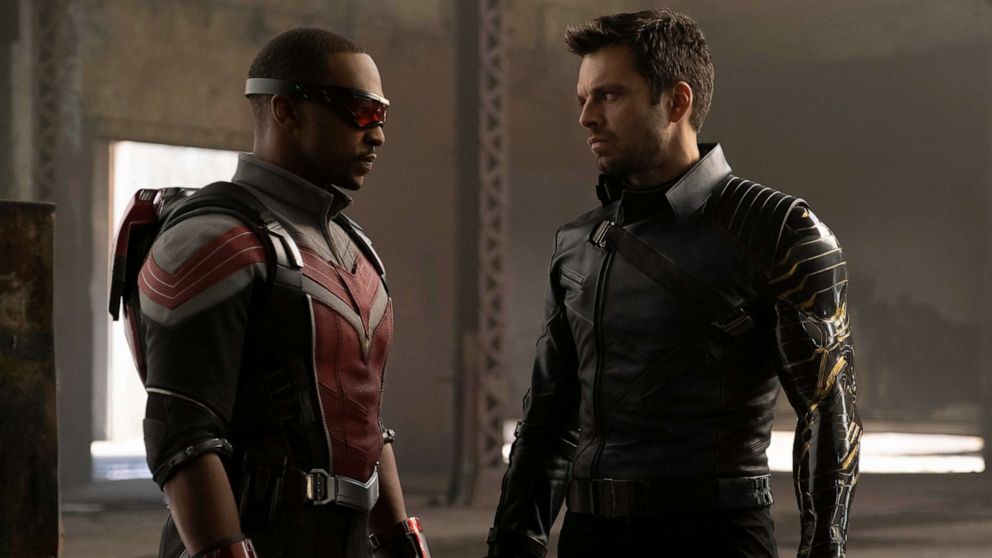 PHOTO: This image released by Disney Plus shows Anthony Mackie, left, and Sebastian Stan in a scene from "The Falcon and the Winter Soldier," streaming March 19, 2021.