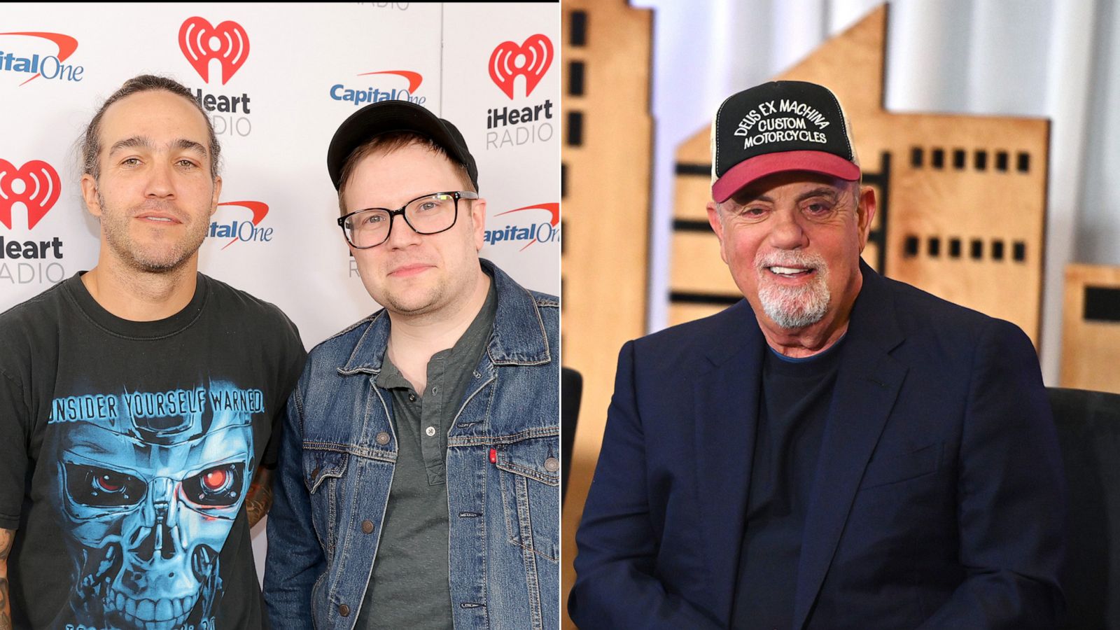 PHOTO: In this Jan. 14, 2023, file photo, Pete Wentz and Patrick Stump of Fall Out Bay attend an event in Inglewood, Calif. | Billy Joel appears at a press conference at Madison Square Garden in New York, on June 1, 2023.