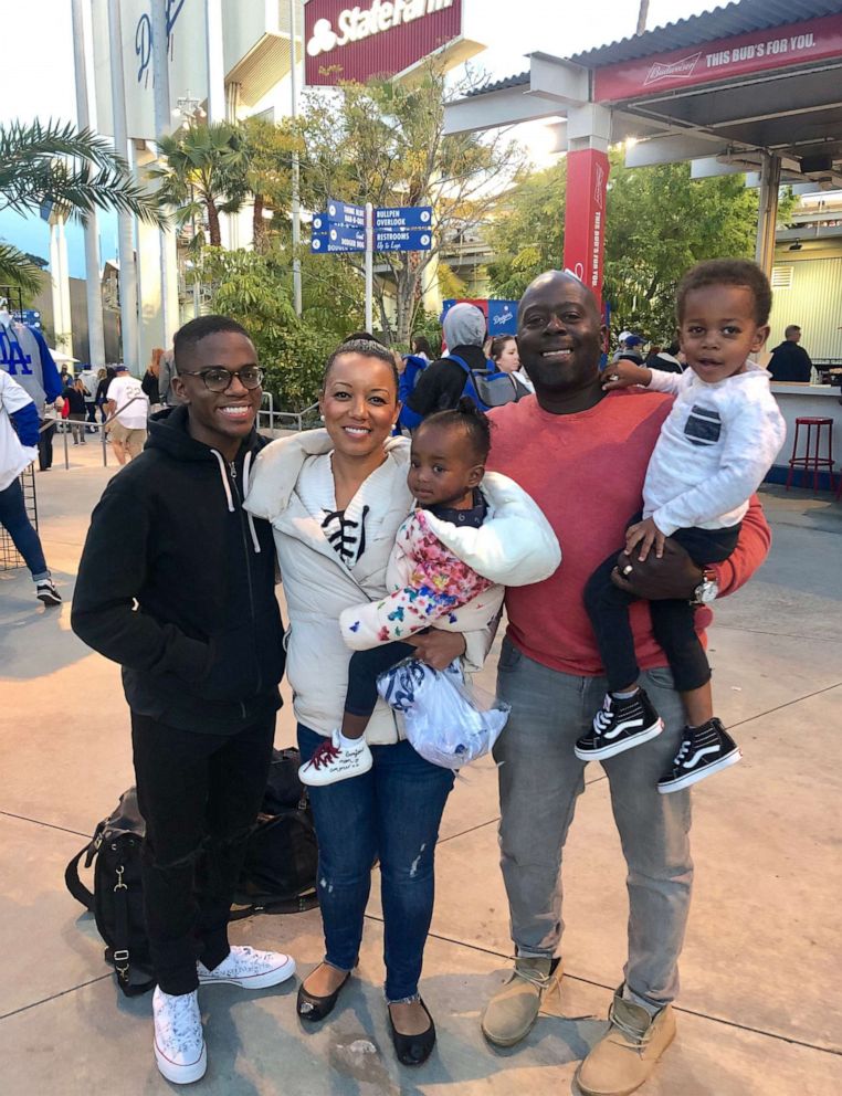 PHOTO: Hilary Sledge-Sarnor with her family at Dodgers Stadium in Los Angeles.