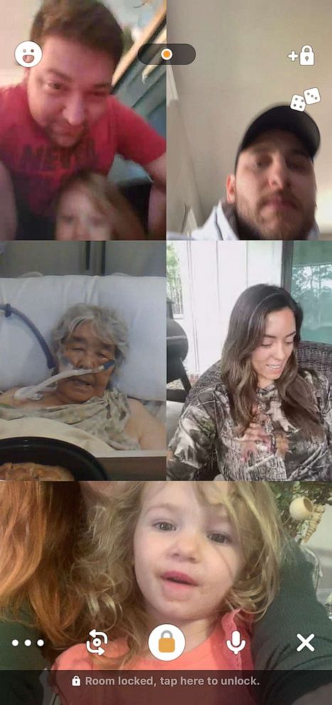 PHOTO: On March 25, Keiko Neutz of Louisville, Kentucky was hospitalized with COVID-19. The 87-year-old was under isolation, so Lacy Taylor, one of her 28 grandchildren, arranged it so Keiko would be surrounded by loved ones on the app, Houseparty.