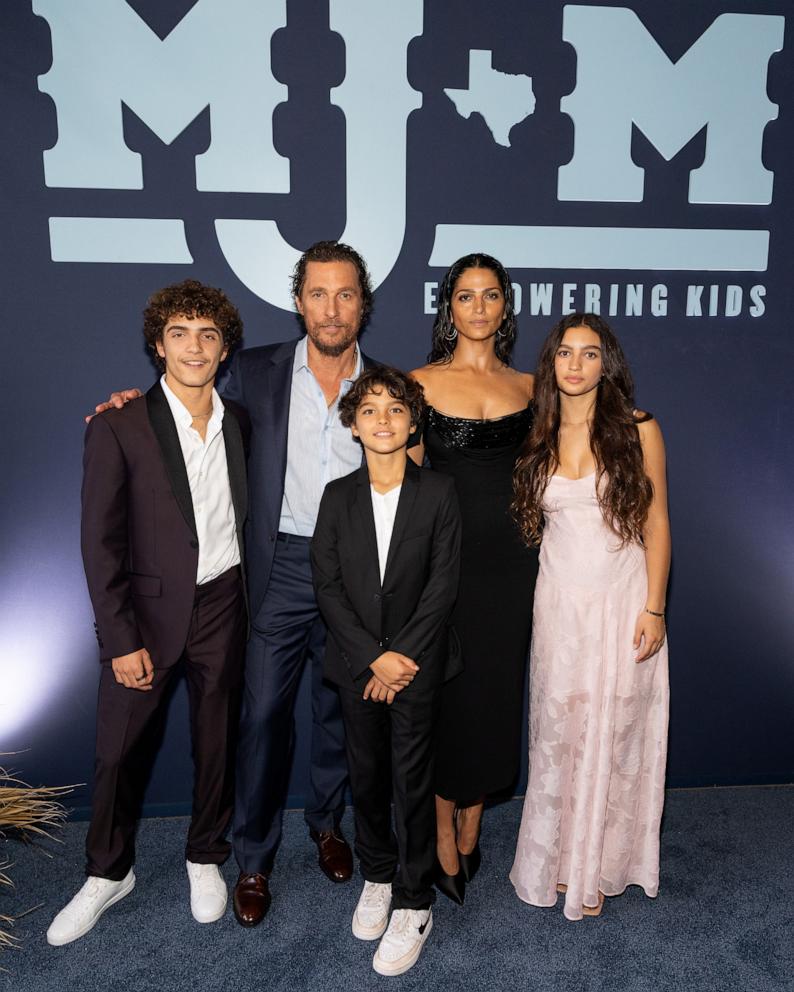 PHOTO: (L-R) Levi McConaughey, Matthew McConaughey, Livingston McConaughey, Camila Alves McConaughey, and Vida McConaughey attend the 12th Annual Mack, Jack & McConaughey Gala at ACL Live on April 25, 2024 in Austin, Texas.