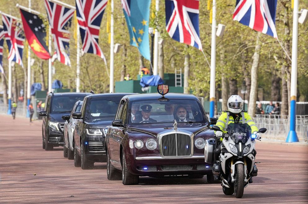 PHOTO: Britain's King Charles is driven to Westminster for a rehearsal ahead of his coronation, in London, May 3, 2023.