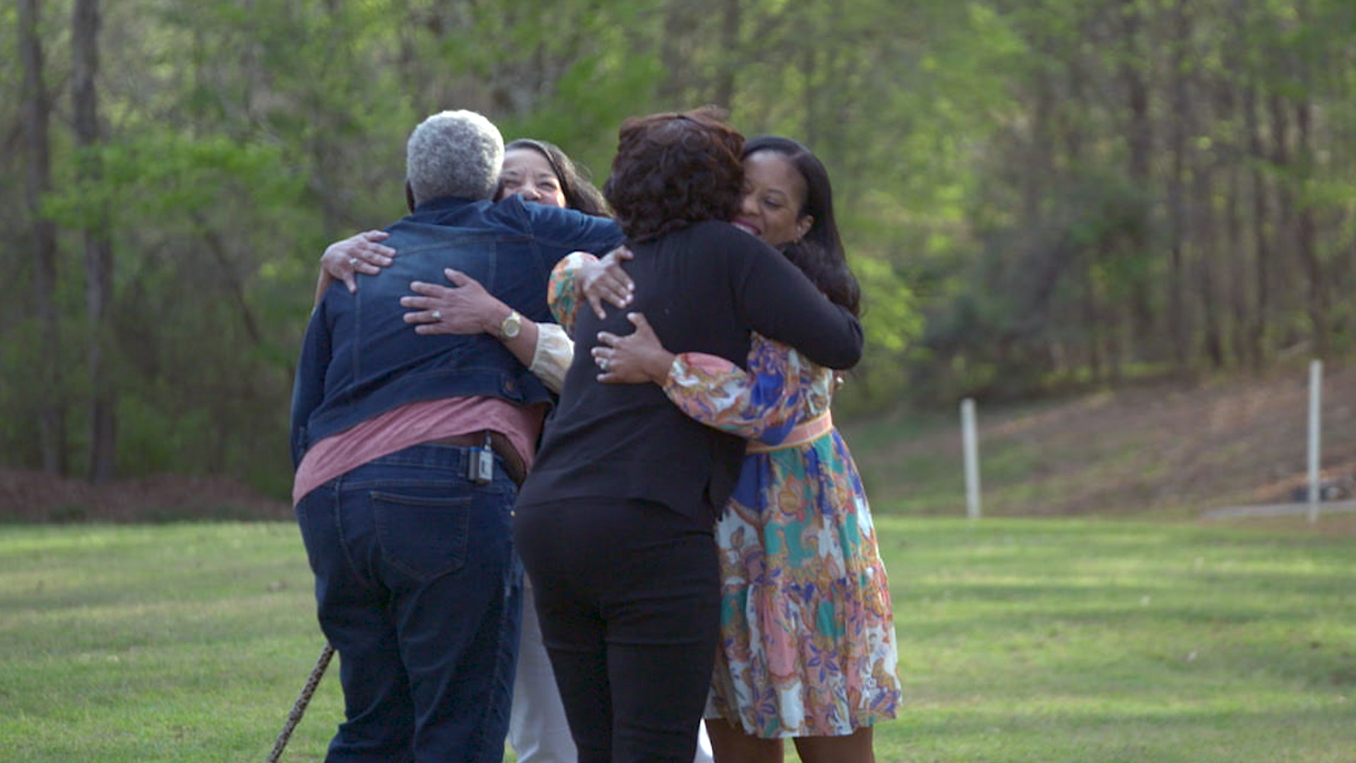 PHOTO: Kelley Dixon Tealer, Alva Marie Jenkins Linda Epps Parker, and Valerie Gray Holmes reunite for the first time after discovering their ancestral connection to Hawkins Wilson.