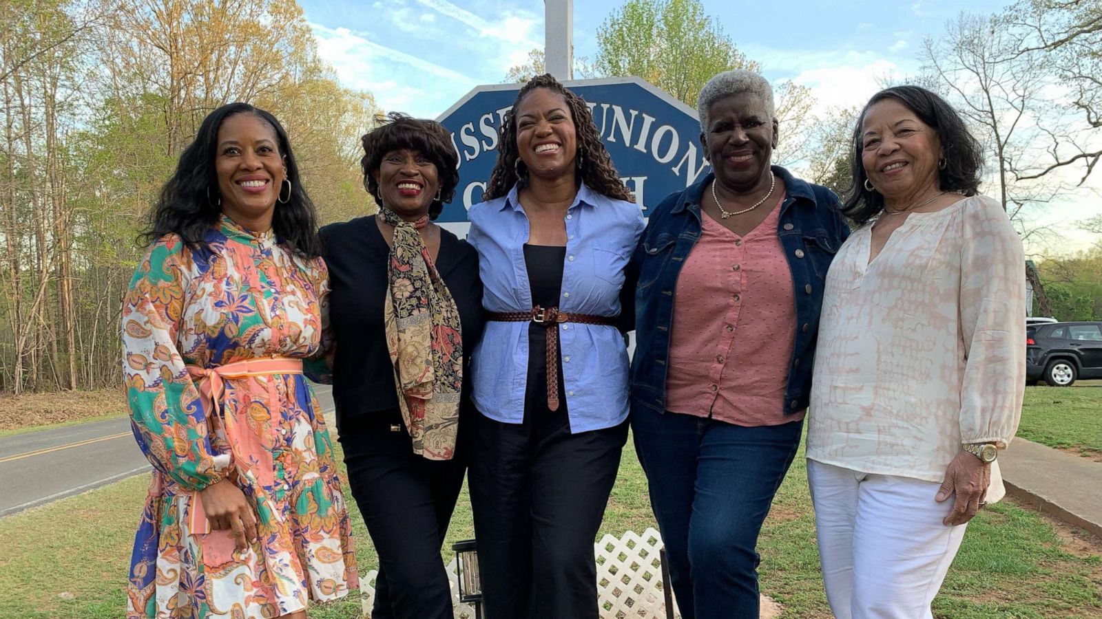 PHOTO: Kelley Dixon Tealer, Alva Marie Jenkins Linda Epps Parker, and Valerie Gray Holmes reunite for the first time after discovering their ancestral connection to Hawkins Wilson.