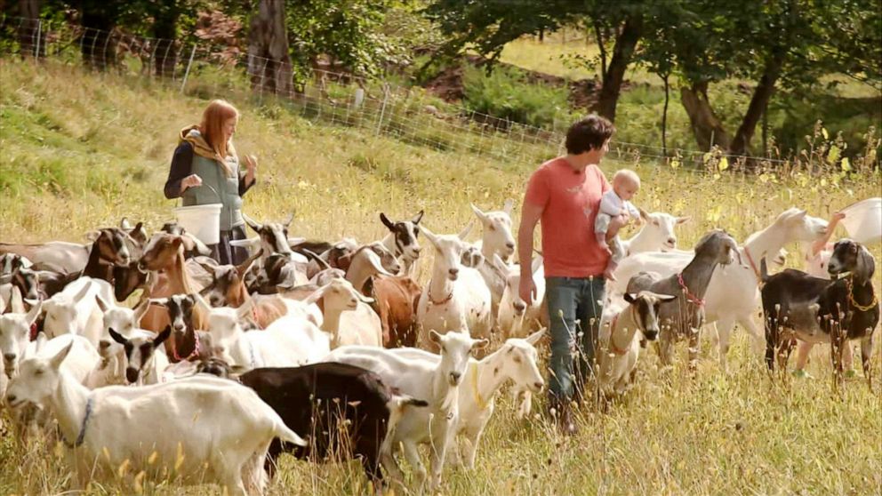 PHOTO: Louisa Conrad and Lucas Farrell stand among their herd of goats at the Big Picture Farm in Townshend, Vt., September 2020.