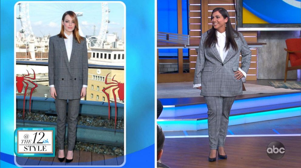 PHOTO: A model wears an outfit similar to Emma Stone (in left photo) for a segment on GMA with fashion blogger Katie Sturino on celebrity-inspired fashion for sizes 12+.