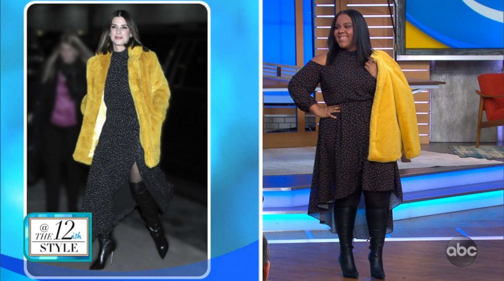 PHOTO: A model wears an outfit similar to Sandra Bullock (in left photo) for a segment on GMA with fashion blogger Katie Sturino on celebrity-inspired fashion for sizes 12+.