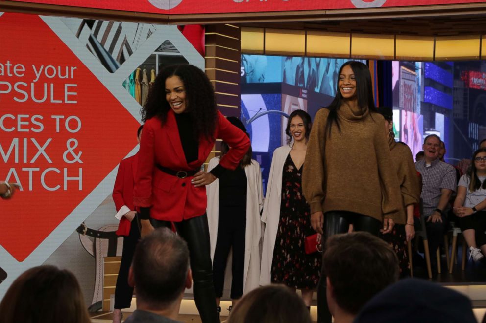 PHOTO: Models show two ways to wear leggings, with a red blazer and an oversized sweater.