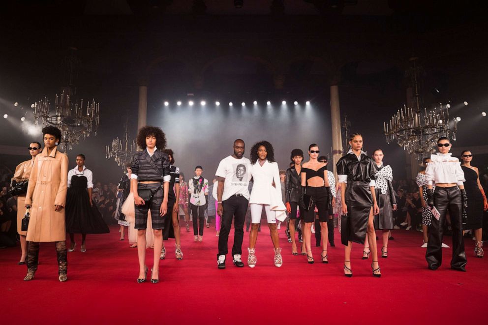 PHOTO: Designer Virgil Abloh, Naomi Campbell and models acknowledge the audience during the Off/White show as part of Paris Fashion Week Womenswear Spring/Summer 2018 on Sept. 28, 2017 in Paris.