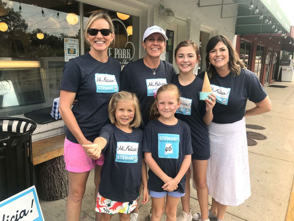 PHOTO: Felicia Stewart campaigns with her wife, Christy, their twin daughters, Helen and Harper, and two supporters.