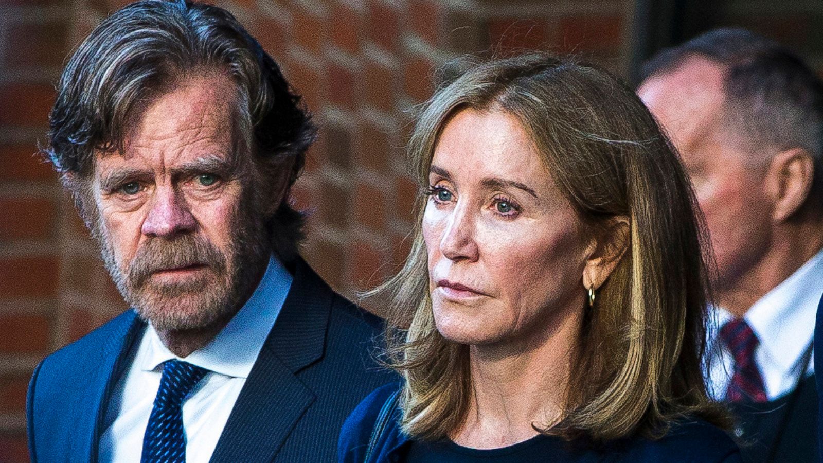 PHOTO: In this Sep. 13, 2019 file photo Felicity Huffman right, and her husband, William H. Macy, walk out of the John Joseph Moakley United States Courthouse in Boston.