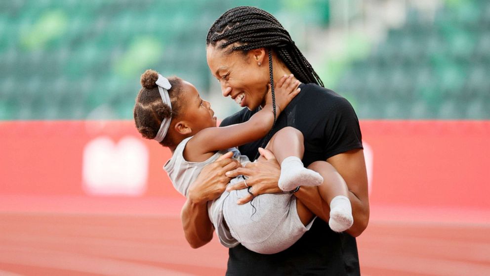 PHOTO: Allyson Felix celebrates with her daughter Camryn after day nine of the 2020 U.S. Olympic Track & Field Team Trials at Hayward Field on June 26, 2021, in Eugene, Oregon.