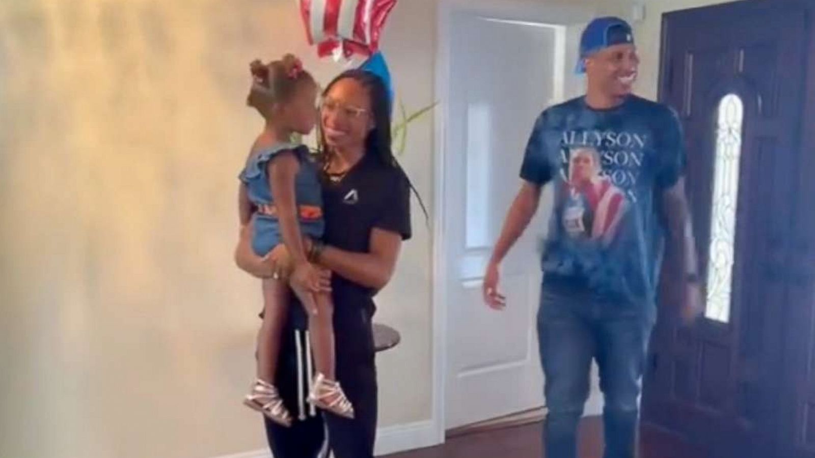 PHOTO: Allyson Felix greets her daughter upon returning home from the 2020 Olympics in this still from a video posted to her Instagram account.