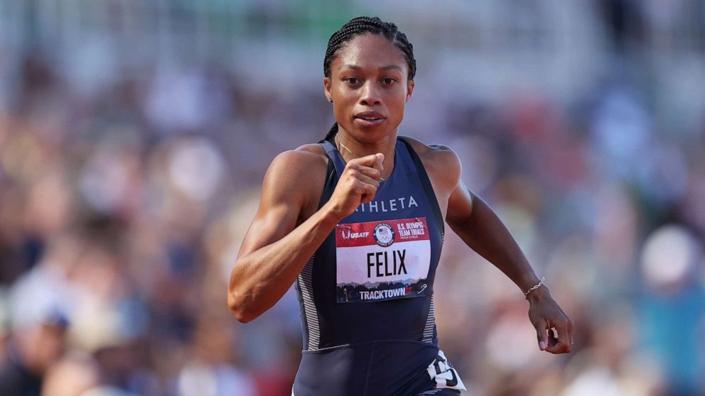 PHOTO: Allyson Felix competes in the Women' 200 Meters Semi-Finals during day eight of the 2020 U.S. Olympic Track & Field Team Trials at Hayward Field, June 25, 2021, in Eugene, Ore. 