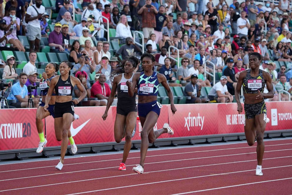 PHOTO: Quanera Hayes (center) defeats Allyson Felix, Kendall Ellis and Wadeline Jonathas to win the women's 400m during the US Olympic Team Trials at Hayward Field in Eugene, Ore., June 20, 2021.