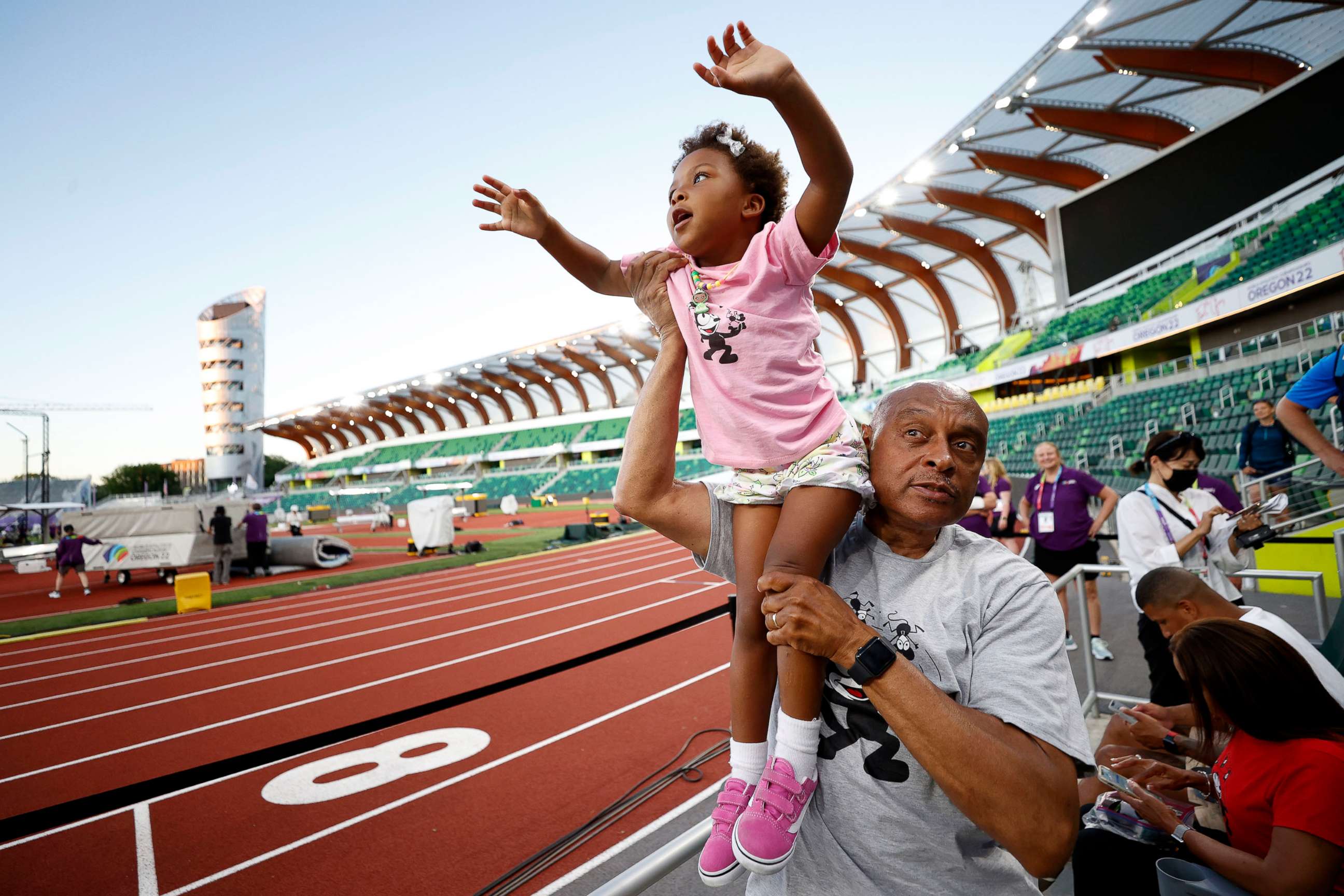 PHOTO: Paul Felix holds up Camryn, Allyson Felix's daughter on day one of the World Athletics Championships Oregon22 at Hayward Field, July 15, 2022, in Eugene, Ore.