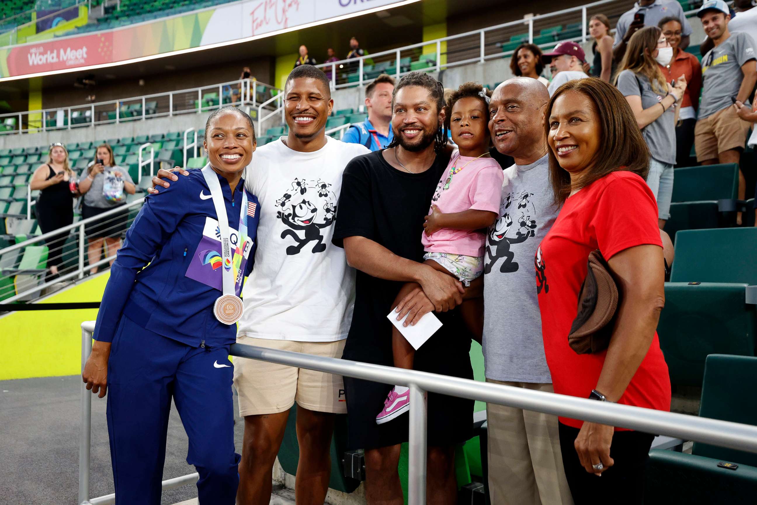 PHOTO: Bronze medalist Allyson Felix and family pose for a photo following the medal ceremony for the 4x400m Mixed Relay Final on day one of the World Athletics Championships Oregon22 at Hayward Field, July 15, 2022, in Eugene, Ore.