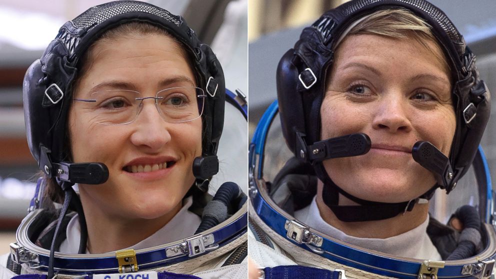 PHOTO: NASA astronauts Christina Koch, left, and Anne McClain, Star City near Moscow, Russia, during their training for their upcoming mission which will include the first-ever all-female spacewalk. 