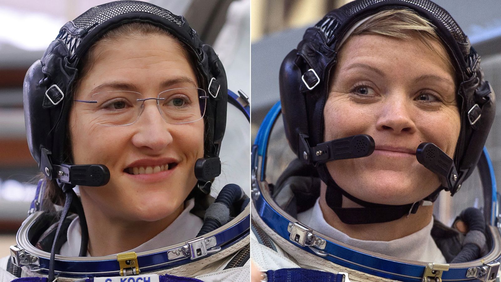 PHOTO: NASA astronauts Christina Koch, left, and Anne McClain, Star City near Moscow, Russia, during their training for their upcoming mission which will include the first-ever all-female spacewalk.