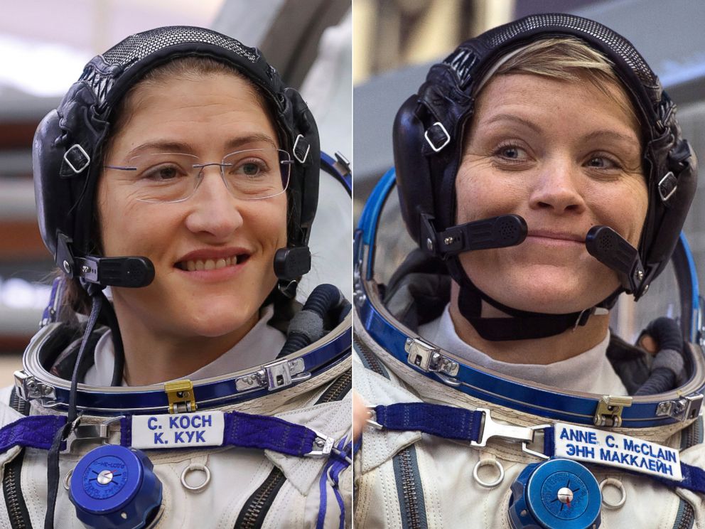 PHOTO: NASA astronauts Christina Koch, left, and Anne McClain, Star City near Moscow, Russia, during their training for their upcoming mission which will include the first-ever all-female spacewalk. 