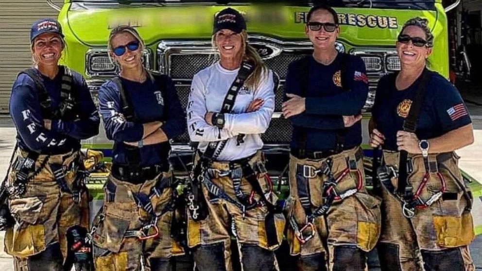 Krystyna Krakowski, Kelsey Krzywada , Julie Dudley, Captain Monica Marzullo and Sandi Ladewski pose in a photo as the first all-female fire crew in Palm Beach Gardens Fire Rescue's 57-year history. The department is located in Palm Beach Gardens, Florida.
