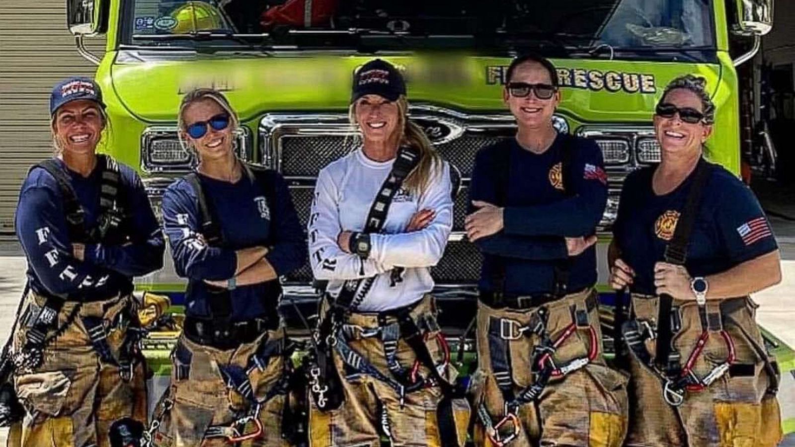 PHOTO: Krystyna Krakowski, Kelsey Krzywada , Julie Dudley, Captain Monica Marzullo and Sandi Ladewski pose in a photo as the first all-female fire crew in Palm Beach Gardens Fire Rescue's 57-year history.