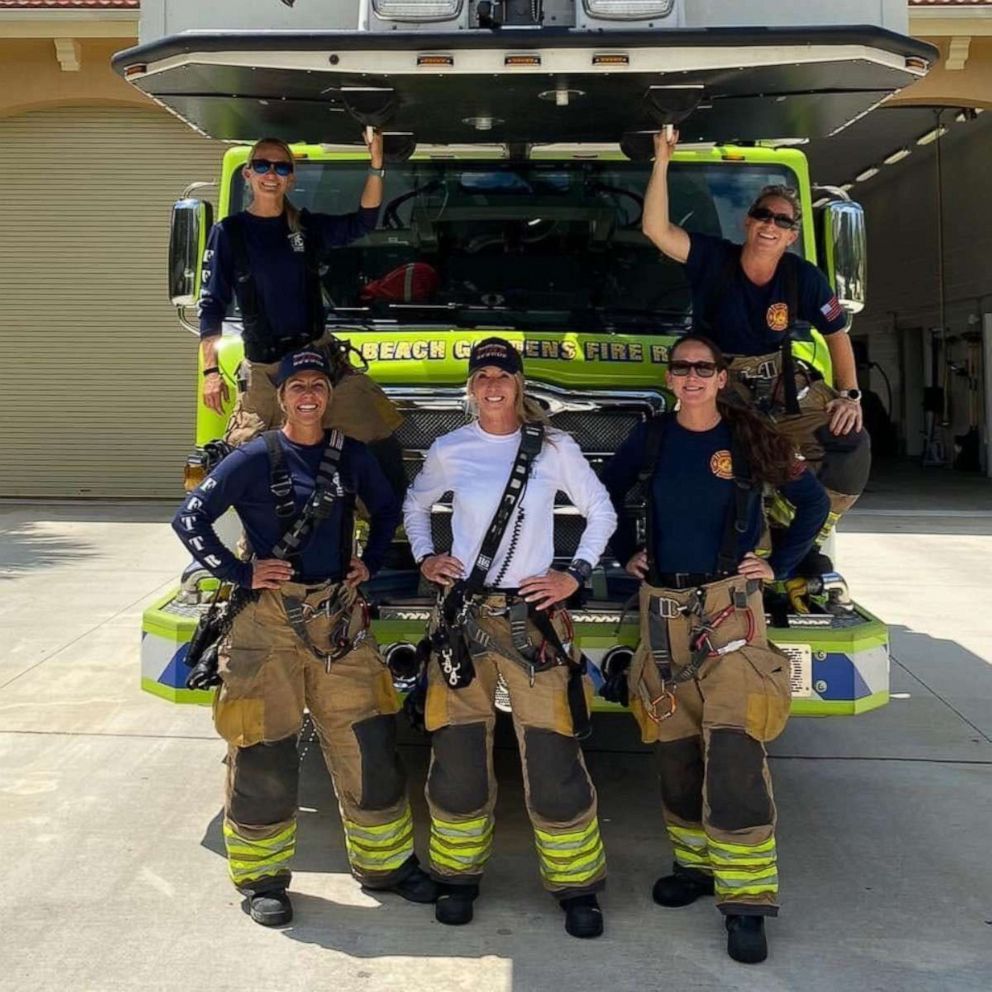 PHOTO: Krystyna Krakowski, Kelsey Krzywada , Julie Dudley, Captain Monica Marzullo and Sandi Ladewski pose in a photo as the first all-female fire crew in Palm Beach Gardens Fire Rescue's 57-year history.