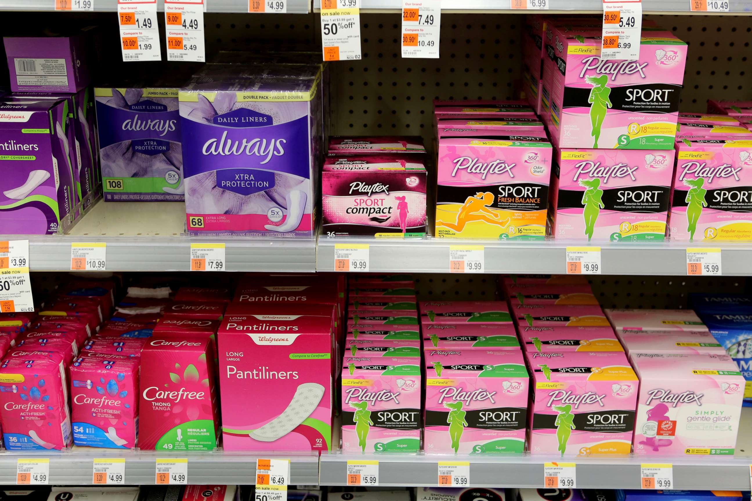 PHOTO: In this Oct. 12, 2019, file photo, feminine hygiene products are seen in a Walgreens in Brooklyn, N.Y.