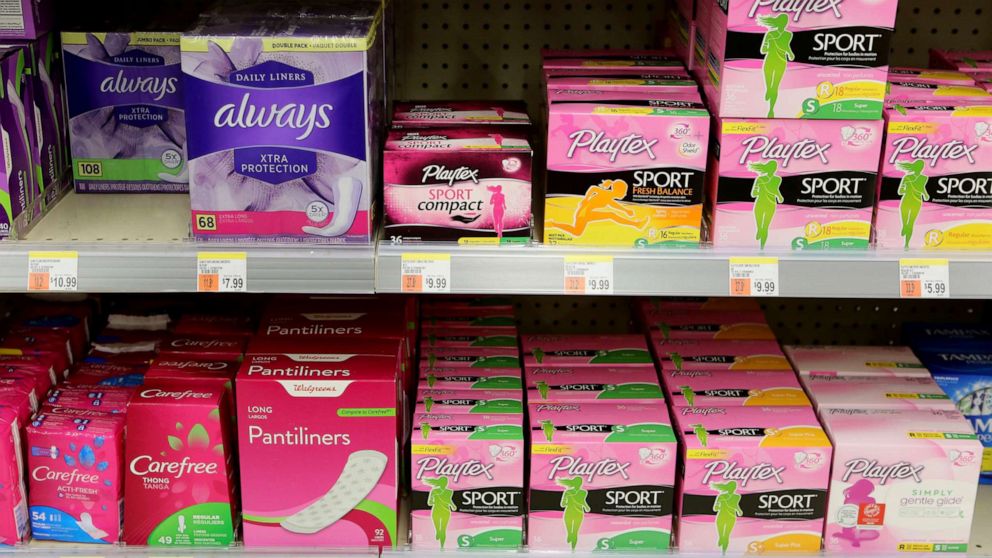 PHOTO: In this Oct. 12, 2019, file photo, feminine hygiene products are seen in a Walgreens in Brooklyn, N.Y.