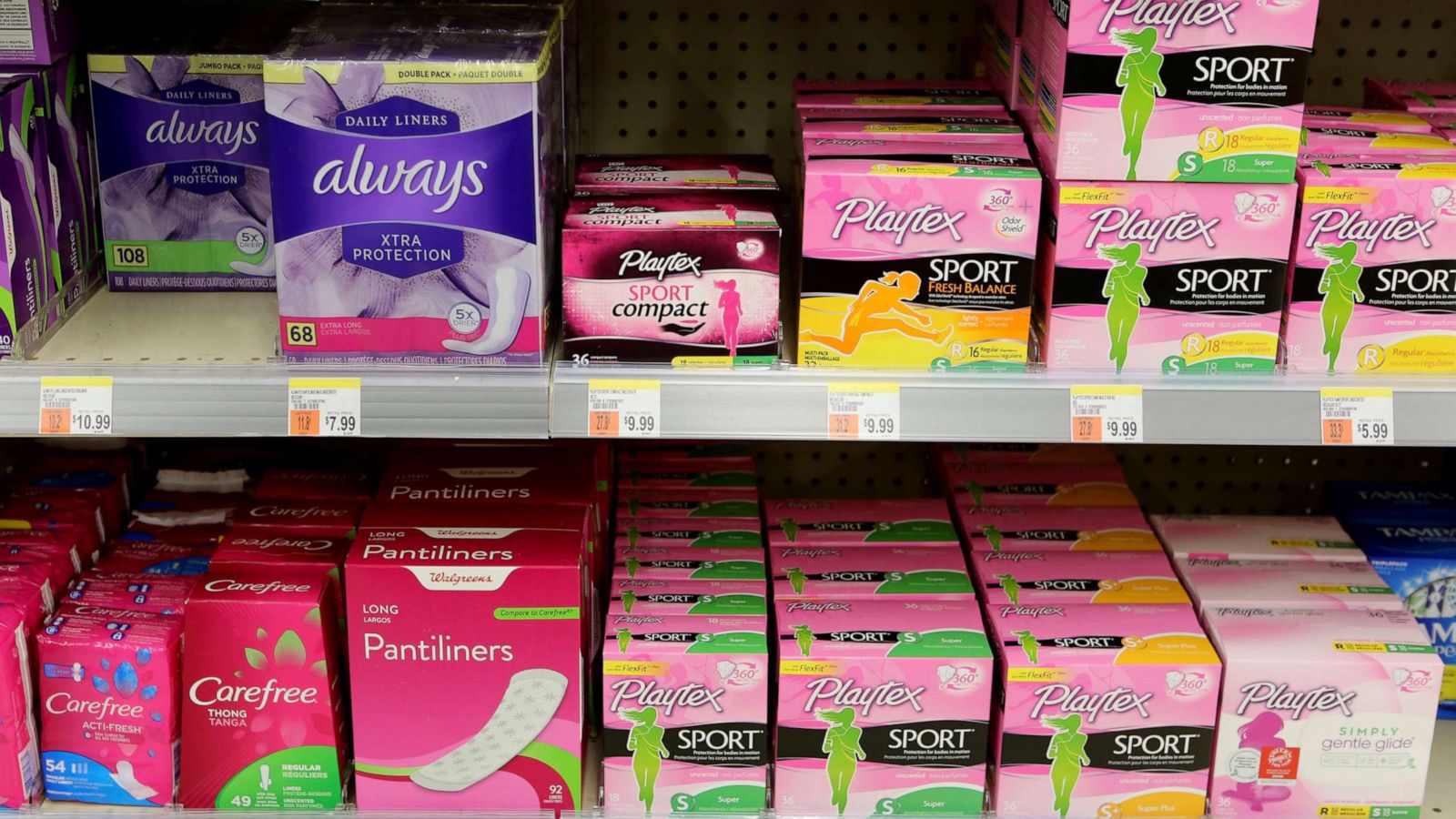 PHOTO: In this Oct. 12, 2019, file photo, feminine hygiene products are seen in a Walgreens in Brooklyn, N.Y.