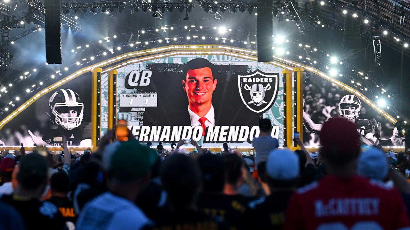 PHOTO: Indiana quarterback Fernando Mendoza is shown on a screen after being chosen by the Las Vegas Raiders with the first overall pick during the first round of the NFL football draft in Pittsburgh, April 23, 2026.