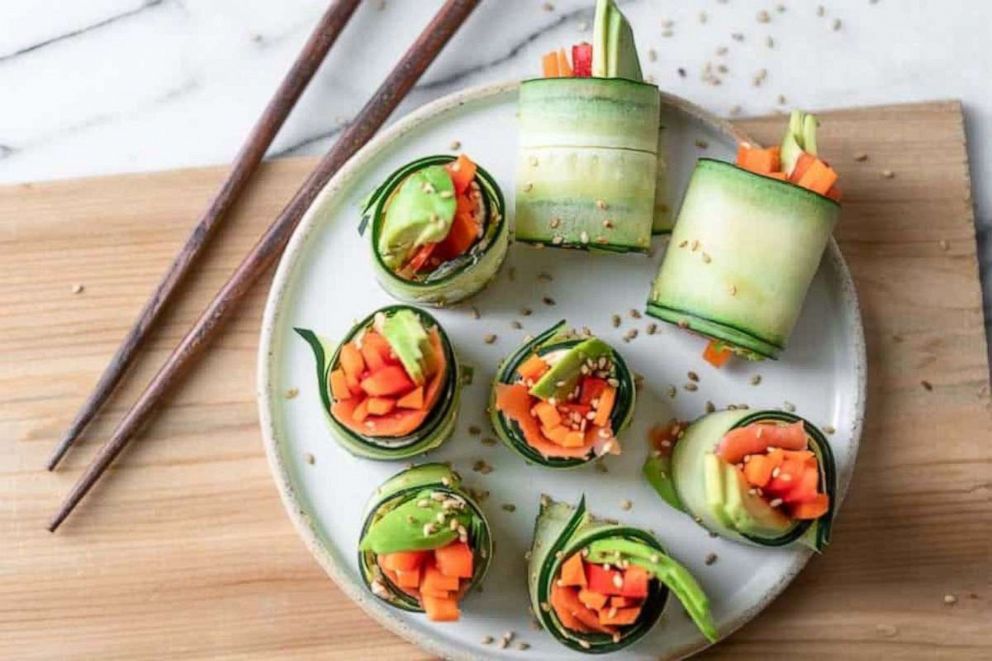 PHOTO: Cucumber vegetable and smoked salmon "sushi" rolls.