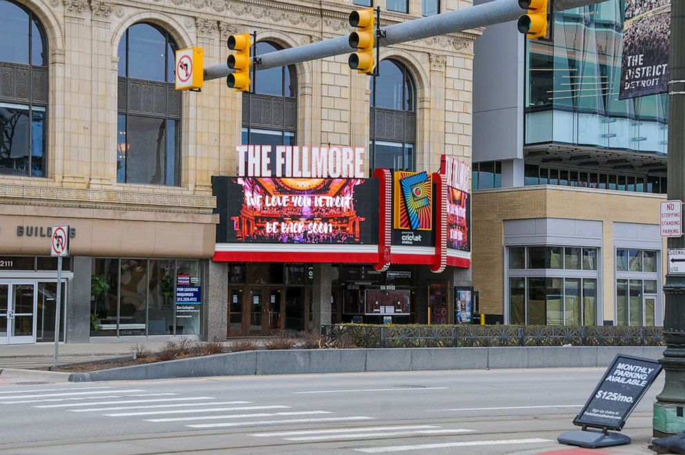 PHOTO: A closed Fillmore Theater where many concerts and other events were scheduled, March 30, 2020 in Detroit.